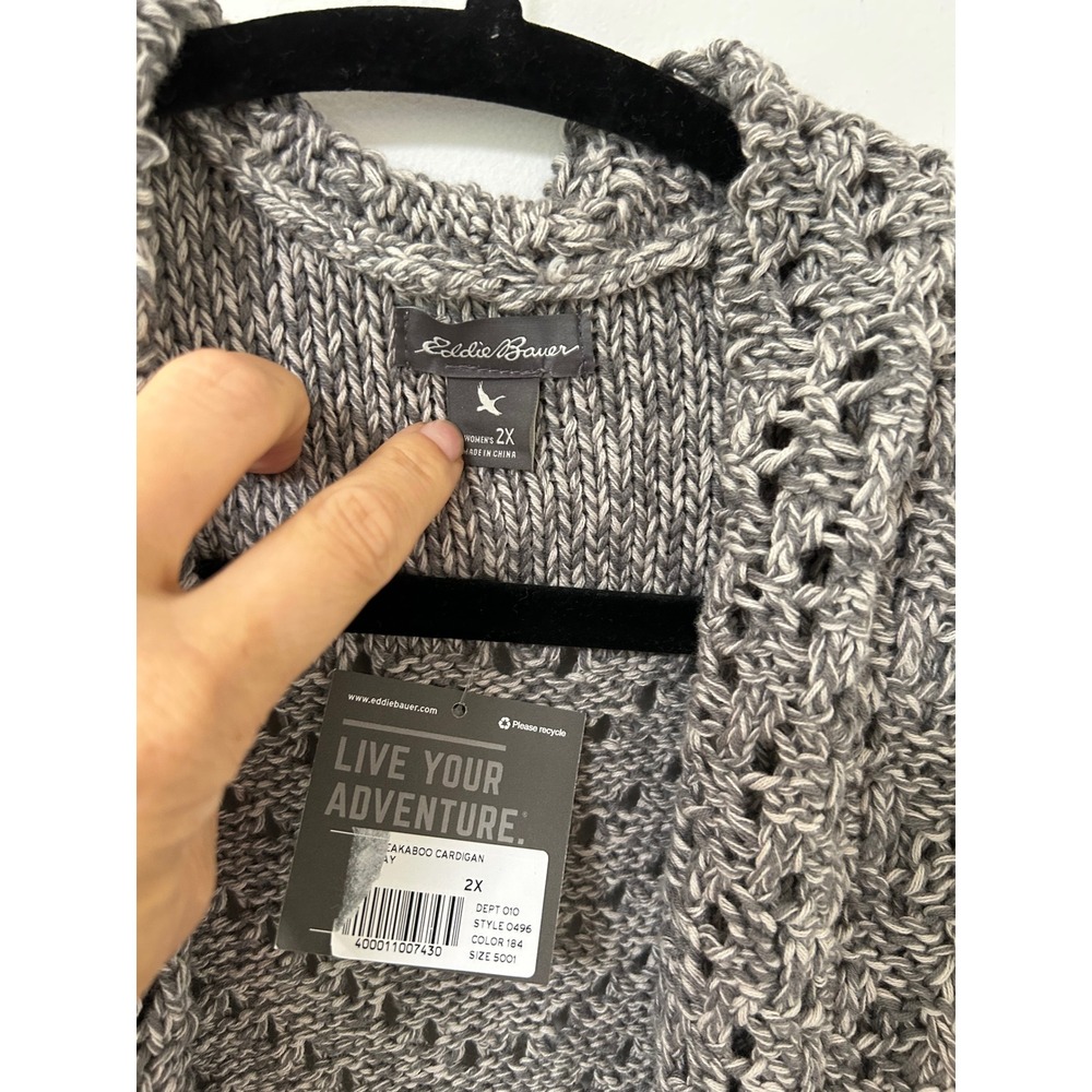 Eddie Bauer Peekaboo Cardigan Grey Marl Pointelle Knit Longline Sweater 2X New - Picture 4 of 10